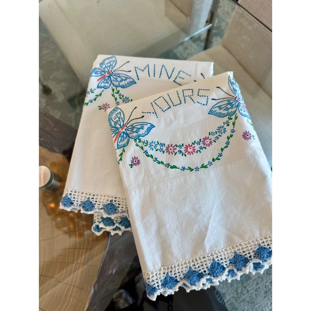 Vintage Mine and Yours Hand Embroidered Pillowcase Set Butterfly Crochet Lace